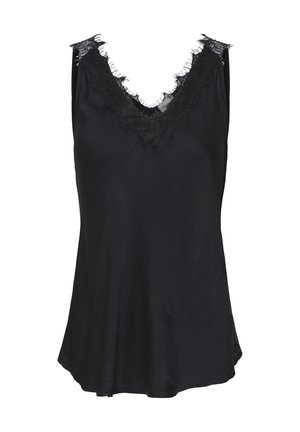 Blouse noire sans manches en soie avec un décolleté en V profond orné de dentelle délicate et de bords effilochés.