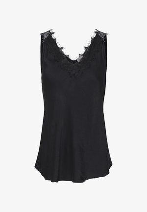 Čierna hodvábna blúzka bez rukávov s hlbokým výstrihom do V lemovaným jemnou čipkou a ošúchanými okrajmi.