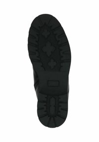 Suela de bota de goma negra con patrón de surcos profundos que presenta formas angulares y diseños cruzados para tracción. Diseño de borde suave.