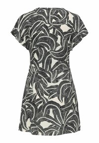 Robe à manches courtes noir et blanc avec un grand motif de feuilles partout, taille cintrée et légère évasement à l'ourlet.