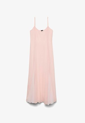 Langes, blassrosa ärmelloses Kleid mit dünnen Trägern und dezenten Falten am Saum.