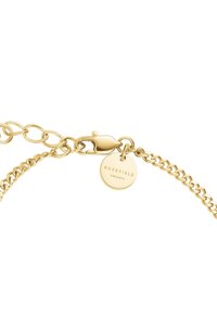 Bracciale color oro con design a catena collegata, chiusura a moschettone e targhetta rotonda incisa con "ROSEFIELD" e logo.