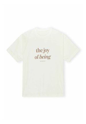 Cream short-sleeve t-shirt made of cotton, featuring the text "the joy of being" in brown, centered in a casual font on the front.