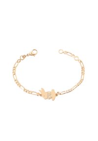 Gouden armband met een decoratieve hanger in de vorm van een strik met konijnsilhouetten, een schakeldesign en een karabijnsluitingen.