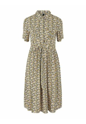 Short-sleeve, button-up midi dress with collar, featuring a yellow, white, and black small floral pattern on a light background.