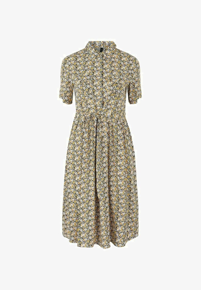 Robe midi à manches courtes, boutonnée, avec col, présentant un petit motif floral jaune, blanc et noir sur un fond clair.