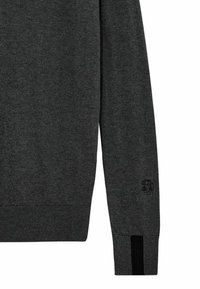 Maglione grigio scuro con maniche lunghe, polsini a costine e un piccolo logo impreziosito vicino al polso. Presenta una striscia nera a contrasto sul polsino.