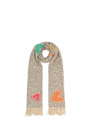 Beige scarf with leopard print pattern, fringed ends, and colorful heart shapes in green, yellow, orange, and pink scattered on it.