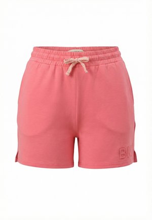 Pantalones cortos casuales color coral rosa con cintura elástica, cordón frontal, bolsillos laterales, pequeñas aberturas en los lados y "BM" grabado en la pierna izquierda.