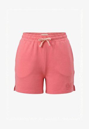 Pantalones cortos casuales color coral rosa con cintura elástica, cordón frontal, bolsillos laterales, pequeñas aberturas en los lados y "BM" grabado en la pierna izquierda.