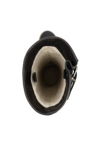 Zwarte leren laars met een zachte, beige, gestructureerde voering; heeft een ronde neus en zijaccenten van hardware. Interieurweergave die de vorm en diepte toont.