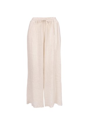 Pantalon ample en lin beige avec taille élastique et cordon de serrage, jambes larges, adapté pour une tenue décontractée.