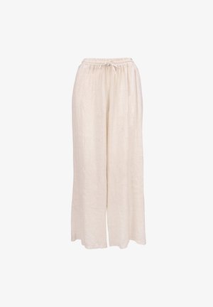 Pantalon ample en lin beige avec taille élastique et cordon de serrage, jambes larges, adapté pour une tenue décontractée.