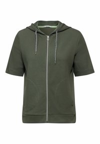 Olive green short-sleeve hoodie with a front zipper, two side pockets, and contrasting drawstrings. Made from textured fabric.