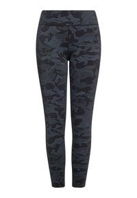 Mustat ja harmaat camo-legginssit, joissa on joustava vyötärö, tiukka muotoilu ja sileä, teksturoitu kangas. Ei lisäkoristeita.