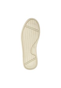 Rubberen zool in lichtbeige, met een textuurpatroon van ronde gripnoppen en ribbels voor grip en flexibiliteit. Rond toelopende vorm.