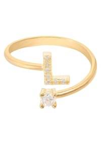 Gold ring featuring a block letter "L" with six small clear stones and a larger round clear gemstone at the base, smooth finish.
