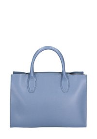 Borsa a tracolla in pelle azzurro chiaro, caratterizzata da una texture liscia, doppio manici arrotondati e forma quadrata strutturata senza hardware o accenti visibili.