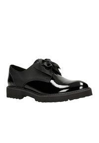 Zwarte gepatineerde leren schoenen met een ronde neus, voorzien van een strik aan de voorkant en een dikke, gestructureerde rubberen zool.