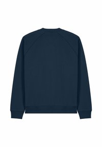 Sweat-shirt bleu marine avec des manches raglan, col, poignets et ourlet côtelés. Texture lisse, design simple, sans logos ni motifs visibles.