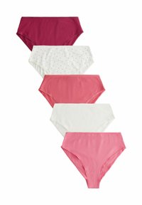 Vijf paar damesonderbroeken: donkerroze, lichtroze, wit met roze stippen, wit, en nog een lichtroze. Gemaakt van katoen, met een hoge taille.