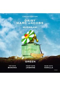 Grøn glas Daisy Marc Jacobs Murakami parfume flaske med en blomstformet hætte, skiver af banan og hvide jasminblomster på mos.