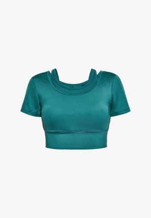 Tannengrünes, cropped Top aus glattem, elastischem Stoff. Verfügt über kurze Ärmel und einen doppellagigen Ausschnitt für zusätzlichen Designakzent.