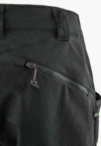 Black outdoor pants with a zippered pocket, featuring a durable texture and straight cut. Includes a small accent on the waistband.
