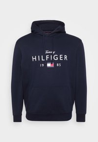 Μπλέ ναυτικό hoodie φτιαγμένο από μαλακό ύφασμα, με μεγάλο λευκό λογότυπο "Hilfiger", μικρότερο "Tommy" από πάνω, και χρωματικό μπλοκ σε κόκκινο και λευκό.