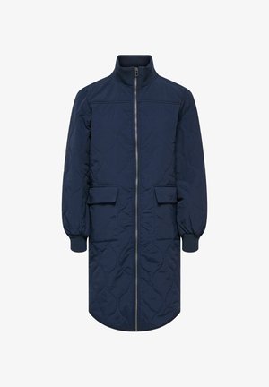 Garš tumši zils dūnu mētelis ar priekšējo rāvējslēdzēju, stāvo apkakli, divām atloku kabatām un ribotas aproces garām piedurknēm.