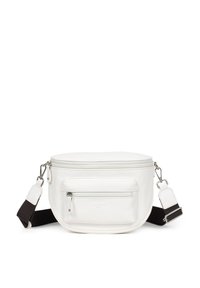 Borsa a tracolla in pelle bianca con forma arrotondata, zip superiore e tasca frontale. Caratterizzata da hardware argentato e una tracolla nera a contrasto.