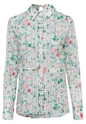 Chemise à manches longues boutonnée avec imprimé floral vert, rose et pêche et col pointu, présentée sur fond blanc.