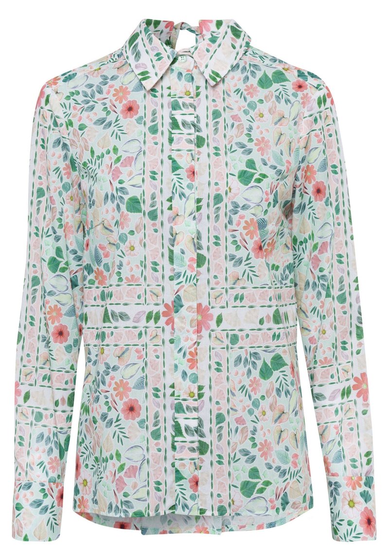 Chemise à manches longues boutonnée avec imprimé floral vert, rose et pêche et col pointu, présentée sur fond blanc.