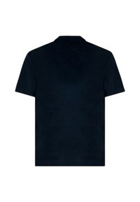 Polo a maniche corte blu navy con colletto classico e una texture liscia; design minimalista senza marchi o motivi visibili.