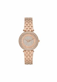 Roségoldene Uhr mit rundem Gehäuse, verziert mit einem kreisförmigen Muster aus klaren Kristallen, verlinktem Metallarmband und minimalistischem Zifferblatt.