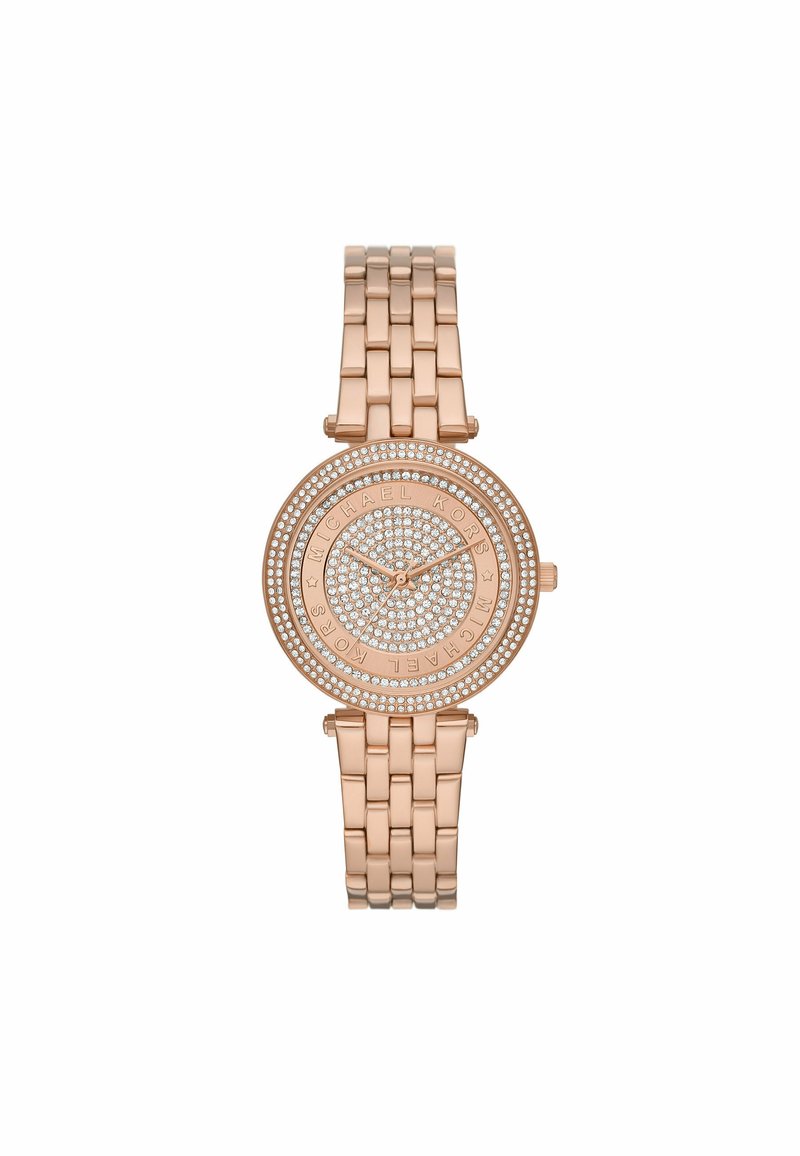 Roségoldene Uhr mit rundem Gehäuse, verziert mit einem kreisförmigen Muster aus klaren Kristallen, verlinktem Metallarmband und minimalistischem Zifferblatt.