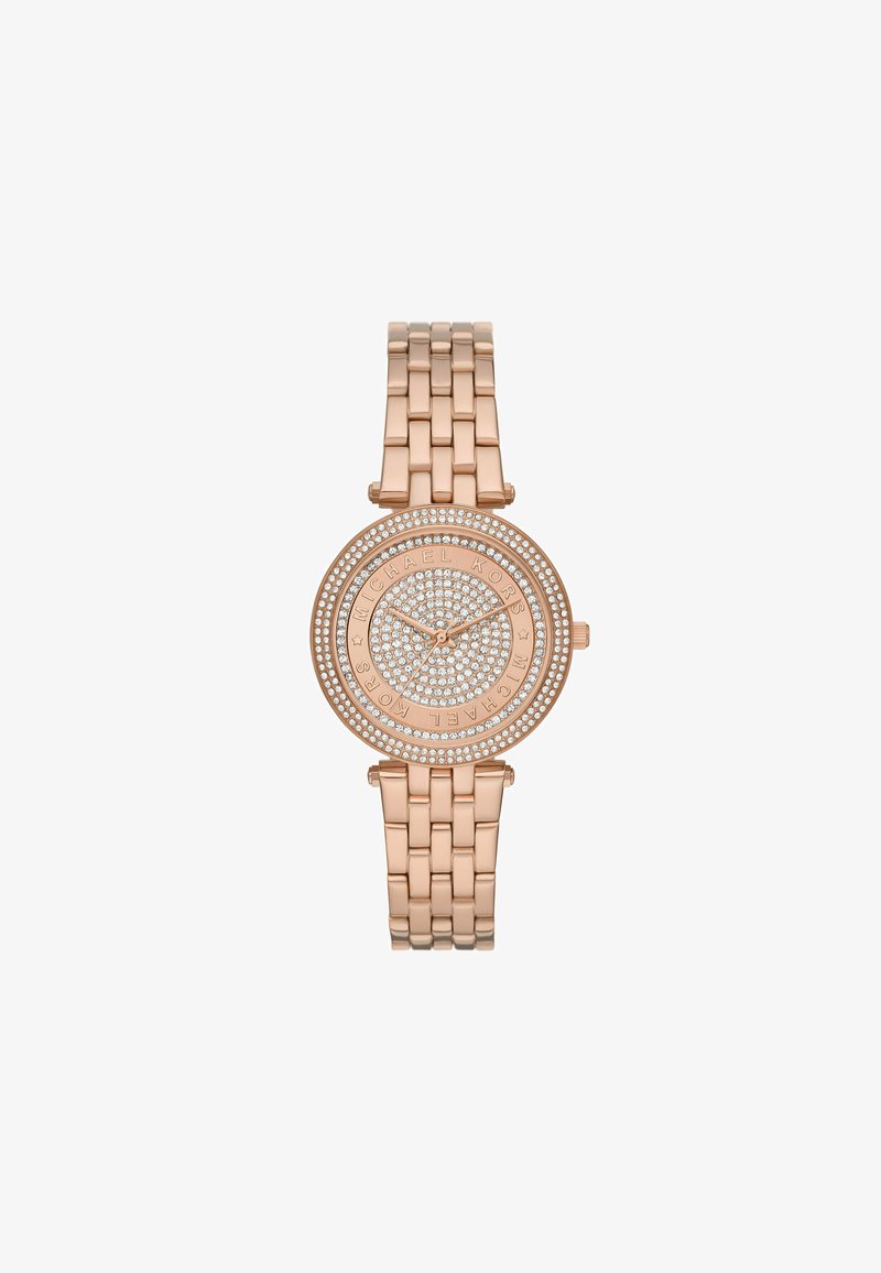 Roségoldene Uhr mit rundem Gehäuse, verziert mit einem kreisförmigen Muster aus klaren Kristallen, verlinktem Metallarmband und minimalistischem Zifferblatt.