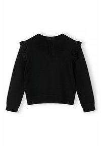 Schwarzer Strickpullover mit Rüschendetails an den Schultern, runder Halslinie und Knopfverschluss hinten. Enganliegende Bündchen und Saum.