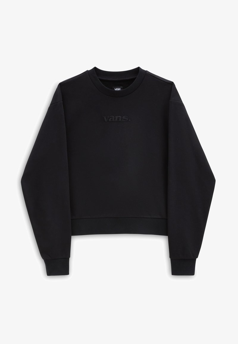Černá zkrácená mikina vyrobená z měkké tkaniny. Má kulatý výstřih a dlouhé rukávy. Na přední straně je embosované logo "vans."