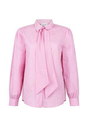 Roze gestreept overhemd met kraag en strikdetail. Lange mouwen met gathered manchetten. Gemaakt van een gladde stof, met dunne gele strepen.