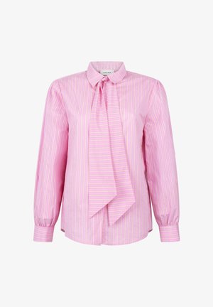 Roze gestreept overhemd met kraag en strikdetail. Lange mouwen met gathered manchetten. Gemaakt van een gladde stof, met dunne gele strepen.