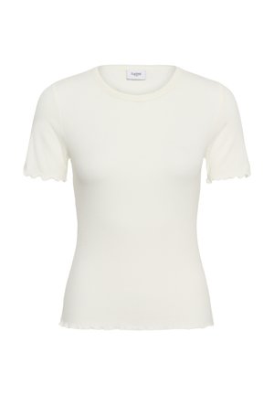 Top alb cu mâneci scurte cu dungi, cu decolteu rotund și margine ondulată, realizat dintr-un material tricotat elastic.