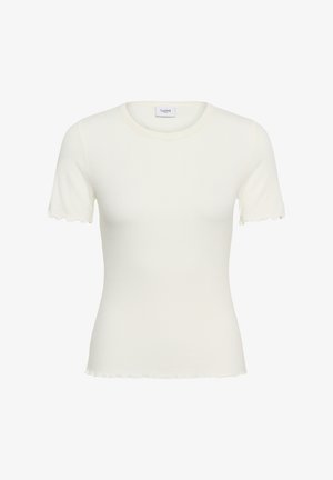 Top alb cu mâneci scurte cu dungi, cu decolteu rotund și margine ondulată, realizat dintr-un material tricotat elastic.