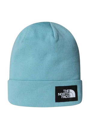 Gorro de punto azul claro con ala doblada y una parche negro con el logo de "The North Face" en letras blancas.