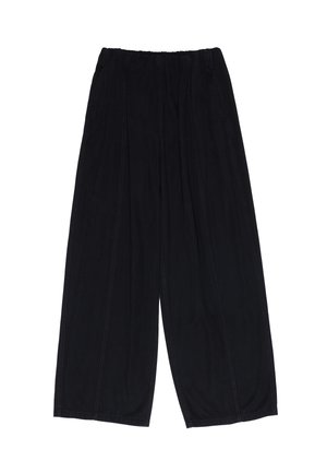 Czarne spodnie o szerokich nogawkach wykonane z miękkiej tkaniny z elastycznym pasem. Charakteryzują się plisowanym wzorem i subtelnymi detalami szwów.