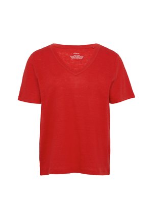 Rotes Kurzarm-T-Shirt mit V-Ausschnitt, aus leichtem Stoff gefertigt. Verfügt über eine subtile Textur und einen lockeren Schnitt. Keine Muster oder Akzente.
