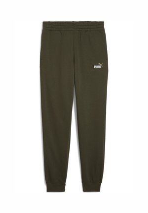 Olivenfarvede joggers lavet af blødt stof, med elastisk talje, ribbede manchetter og et hvidt Puma-logo på venstre lår.