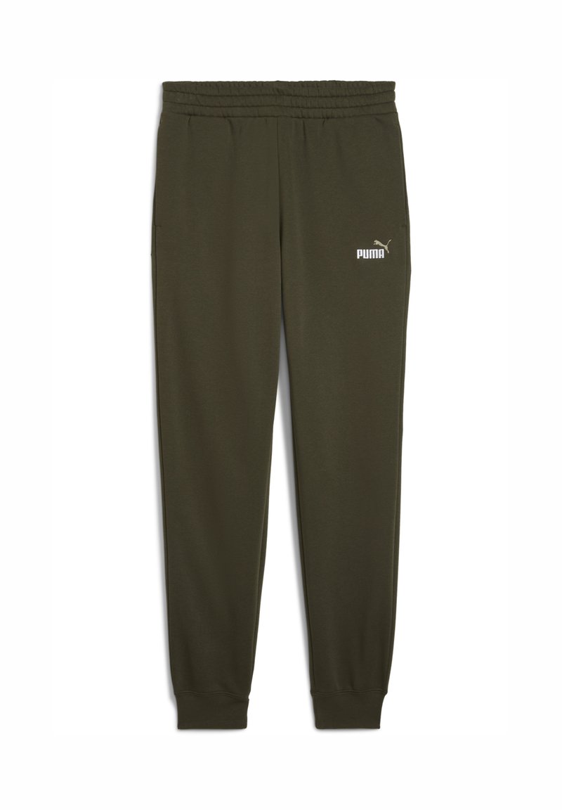 Olivenfarvede joggers lavet af blødt stof, med elastisk talje, ribbede manchetter og et hvidt Puma-logo på venstre lår.