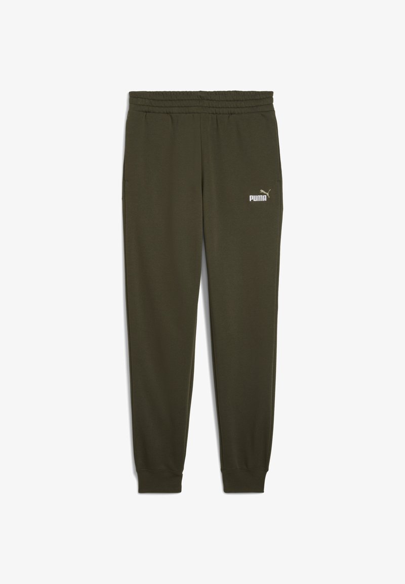 Olivenfarvede joggers lavet af blødt stof, med elastisk talje, ribbede manchetter og et hvidt Puma-logo på venstre lår.