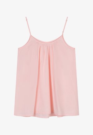 Roze mouwloze top van lichtgewicht stof met een gerimpelde halslijn en verstelbare bandjes, met een losse, vloeiende pasvorm.